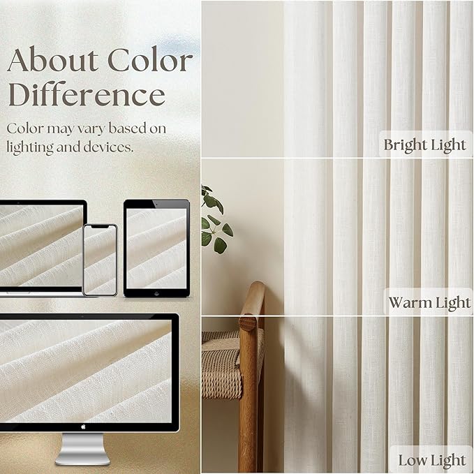 Natural Pinch Pleated Linen Curtains 112 Inches Long 2 Panels Set for Living Room Bedroom Memory Training Shaped Semi Sheer Pleat Drapes with Hooks Rings Light Filtering Window Curtain 40x112