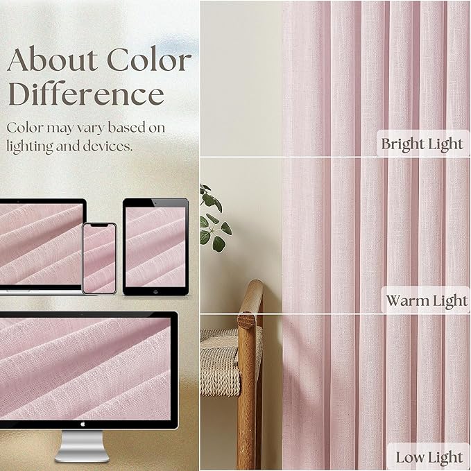 Light Pink Linen Pinch Pleat Curtains 84 Inch Length 2 Panels for Girls Bedroom Nursery Soft Thick Linen Window Drapes Semi Sheer Light Filtering Pleated for Kids Living Room Blush Dusty Pink Decor