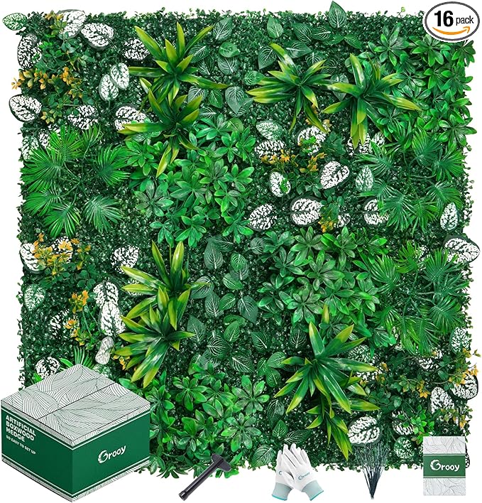 Artificial Hedge Grass Wall, Boxwood Panels 20"x20"(16pcs), Greenery Wall Backdrop, UV Protected Privacy Fence Screen, Green Wall Decor for Outdoor Indoor Wedding Décor