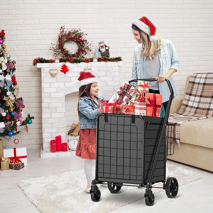 HABUTWAY Grocery Cart on Wheels for Groceries, Folding Shopping Carts with Liner, 110LBS Large Capacity Jumbo Grocery Cart with Dual Basket, 360° Rolling Laundry Cart, Lightweight Trolley for Senior