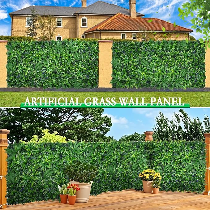 Grass Wall Panels Set of 6, Artificial Hedge Panels Greenery Wall, UV Protected Faux Grass Backdrop Privacy Fence Screen, Greenery Wall for Outdoor Indoor Garden Birthday Wedding Decor