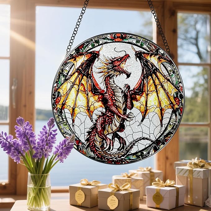 Stained Glass Window Hanging, 8 Inch Dragon Suncatcher Stained Glass, Suncatchers for Windows Hanging, Sun Catchers Indoor Window, Dragon Themed Gifts, Gifts for Men, Women