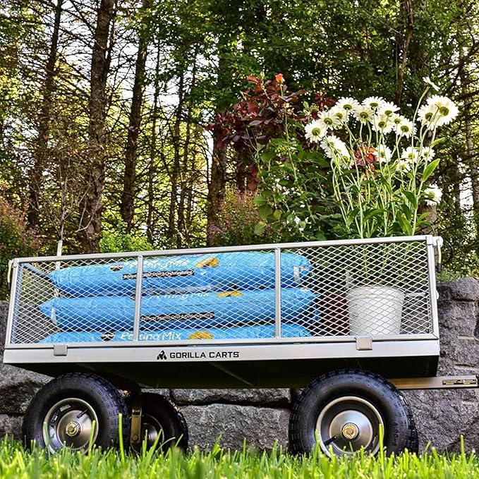 Gorilla Carts Steel Utility Cart, 7 Cu Ft Bed, 1000 lb Load Capacity, Gray – Towable Heavy-Duty Outdoor Hauling Wagon with Removable Side Panels for Yard, Lawn, Garden or Landscaping