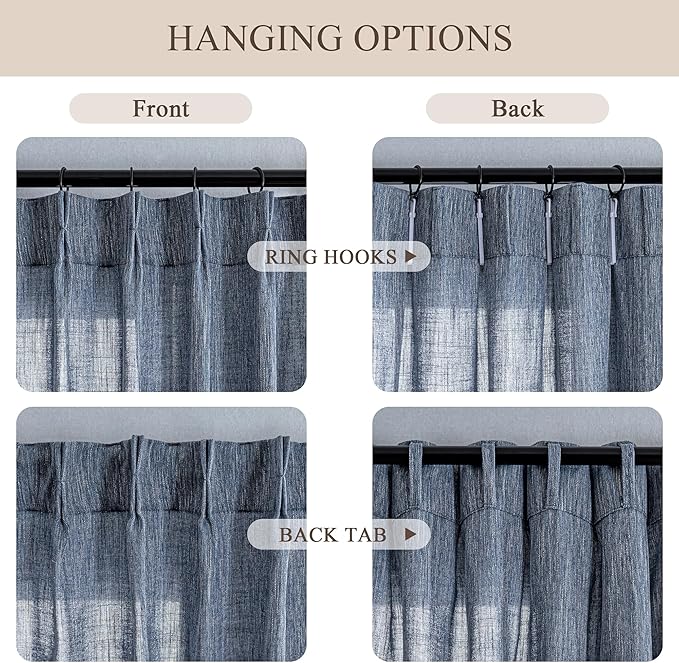 MYSKY HOME Blue Curtains for Bedroom 63 Inches Long Semi Sheer Light Filtering Drapes for Small Window Pinch Pleated Linen Look Window Draperies Set Country Curtains, 40 x 63 in, Dusty Blue, 2 Pieces