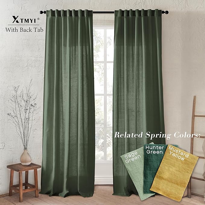 XTMYI 102 Inch Length Olive Green Sheer Linen Curtains 2 Panels Set,Hook Belt Pleated Back Tab Cotton Polyester Blend Light Filtering Semi Sheer Curtain Drapes for Living Room Bedroom,50x102 in Long