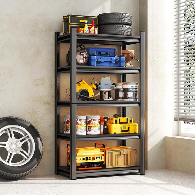 Garage Shelving Units, Heavy Duty 5-Tier Storage Shelves, Metal Adjustable Storage Rack, Steel Shelves, 2750 lbs Capacity, Industrial Shelving for Heavy Tools (Black, 16"Dx36"Wx72"H, 5-tier)
