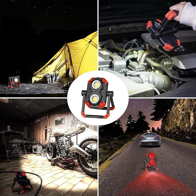 Yzoni 2 Pack LED Work Light Rechargeable, 2 COB 2500LM Folding Portable Flood Light with Magnetic Base and 360° Rotation Stand, Spotlights for Camping Car Repairing Emergency Job Site Lighting