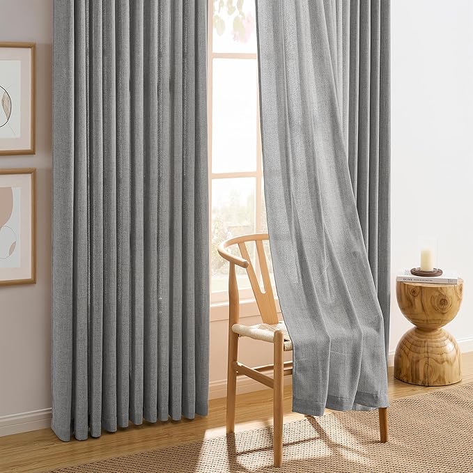 RAIN CITY Grey Linen Pinch Pleated Semi Sheer Curtains 100 Inches Long, Textured Back Tab Drapes with Hooks for Bedroom Living Room 50 Each Wide 2 Panels Set