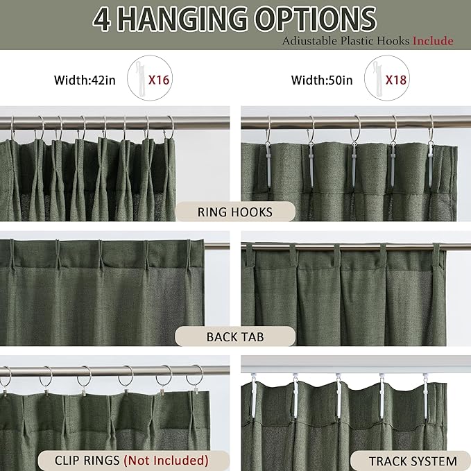 RAIN CITY 100 Inch Pinch Pleated Curtains 2 Panels Set Custom Length Olive Green, Semi Sheer Living Room Curtain Back Tab with Hooks, Privacy Back Tab Linen Window Drapes for Bedroom