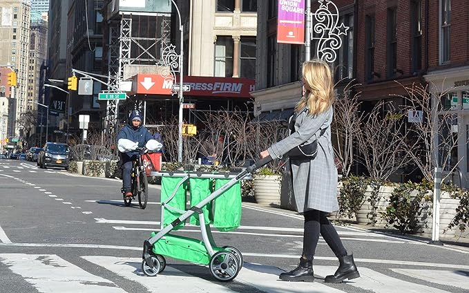 Reusable and Foldable 3 Shopping Bags Easy for Shopping and Carrying Groceries in Store (Silver Frame + 3 Green Baskets)