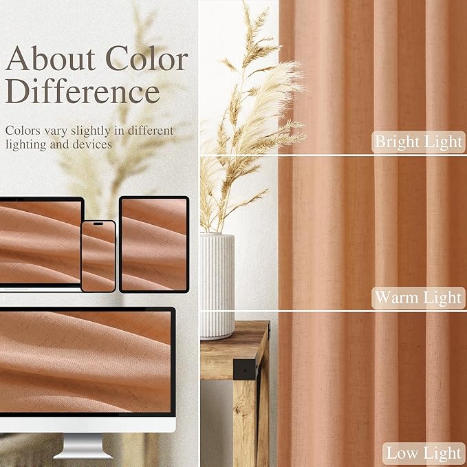 Peach Quartz Linen Blend Bohemian Curtains 90 Inches Long 2 Panel Set Back Tab Rod Pocket Semi Sheer Light Filtering Neutral Decor for Relaxing Bedroom and Charming Living Room 52x90