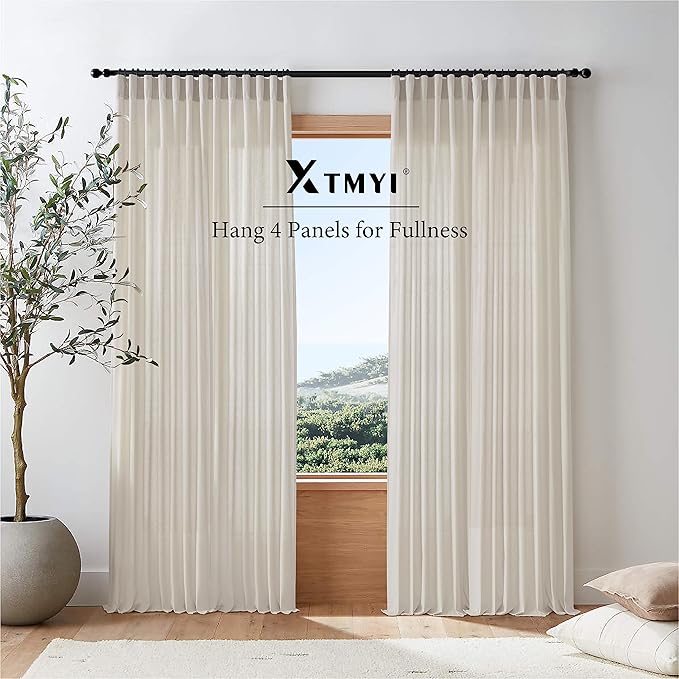XTMYI Oatmeal Beige Back Tab/Hook Belt Linen Cotton Sheer Curtains 63 Inch Length for Bedroom Living Room