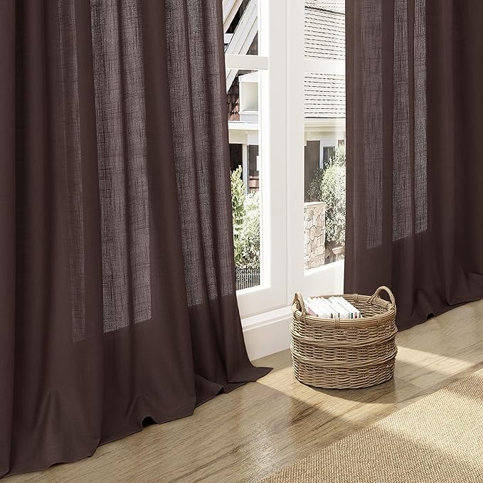 Coffee Semi Sheer Curtains 120 Inches Long 2 Panels Set Back Tab Loop Pocket Linen Blend Boho Large Window Curtain Extra Long Light Filtering Drapes High Ceiling Curtains for Living Room 52x120