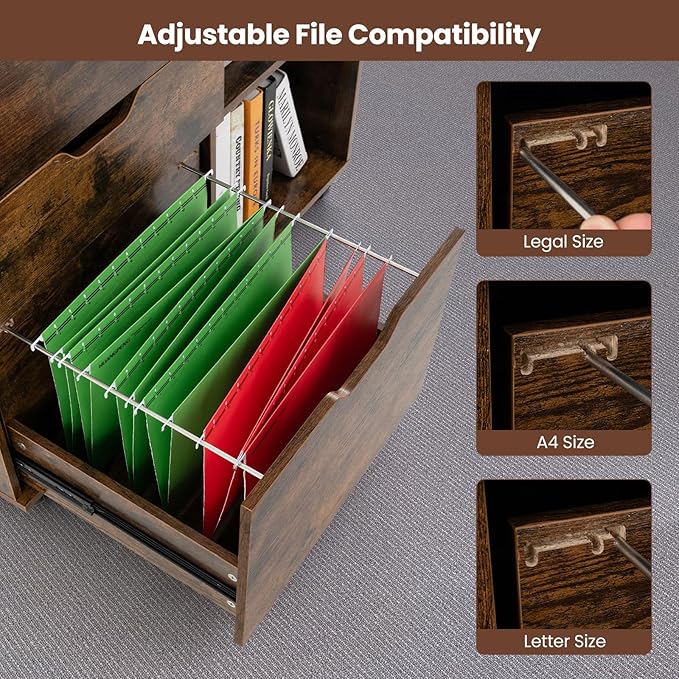 LOKO 3-Drawer File Cabinet, Mobile Printer Stand Cabinet with Adjustable Shelf, Rolling Lateral Filing Cabinet with Wheels for Letter, A4, Legal Size, for Home Office Organization (Rustic Brown)