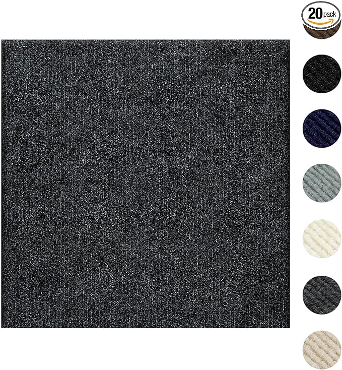 Carpet Tiles Peel and Stick 24” x 24”, Self Adhesive Soft Padded Flooring Stickers, Dark Gray Home Decor for Bedroom Living Room Office, 20 Tiles & 80 sq ft per Box