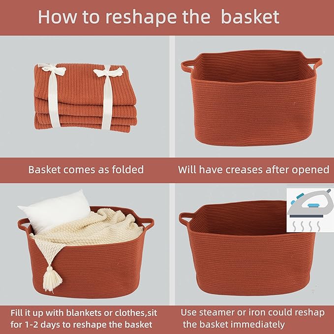 Large Rectangle Blankets Basket Living Room 22"x17"x12" Woven Cotton Rope Storage Baskets for Nursery Toy Baskets for Kids and Dogs Wicker Laundry Basket Bin for Clothes Towels rustic
