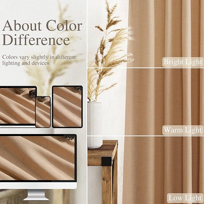 Nanspring Camel Linen Semi Sheer Curtains 2 Panels Set for Living Room Back Tab Rod Pocket Window Drapes Light Filtering Elegant Farmhouse Curtain 100 Inches Long for Dining Room Bedroom 52x100