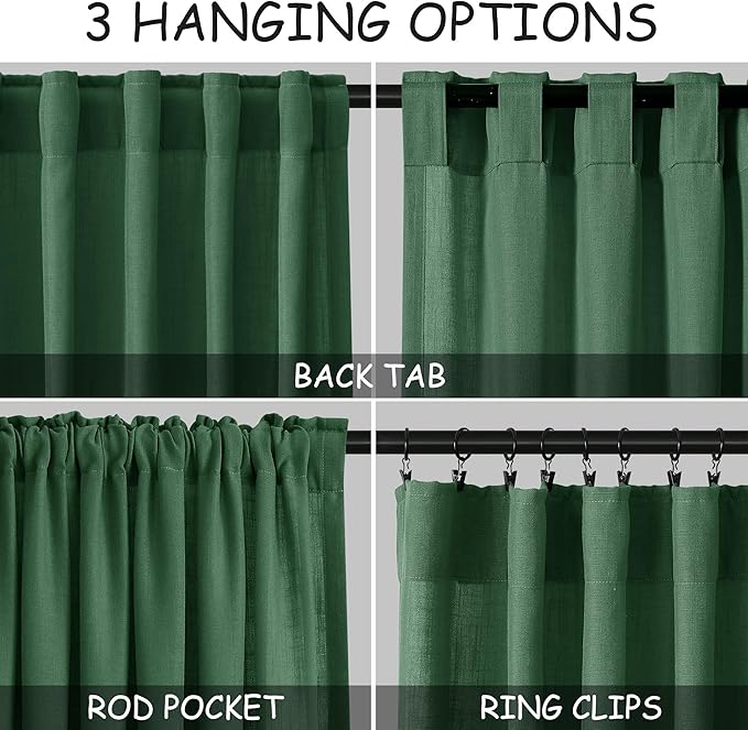 Nanspring Green Linen Curtains 63 Inches Length 2 Panels Set for Living Room Back Tab Pocket Modern Light Filtering Semi Sheer Drapes Cotton Linen Textured Green Window Curtain 52X63 Inches