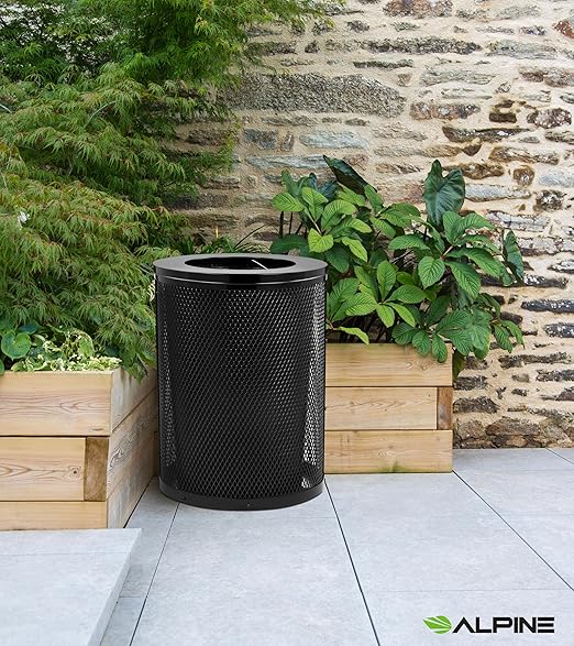 Alpine Outdoor Trash Can 36 Gallon Diamond Steel Commercial Metal Waste Bin with Leak Proof Liner, Heavy Duty Steel Mesh Design, Flat Wide Open Top Lid for Parks, Streets, and Public Spaces-Black