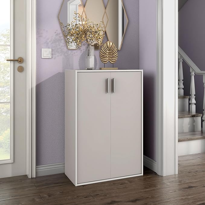 Homes: Inside + Out Apexa 3-Tier Stackable Wood Bookcase with Doors, Cube Storage Organizer Shelves, Small Food Pantry Cabinet, Dorm Teen Room Decor & Bedroom, Home Office, Kitchen, Taupe Grey