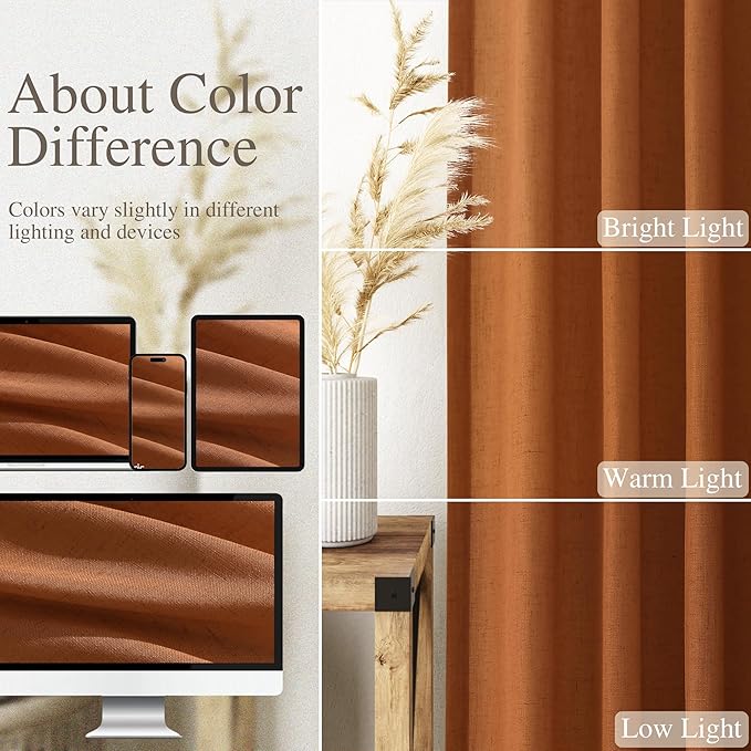 Nanspring Desert Orange Linen Curtains 90 Inch for Living Room Rod Pocket Back Tab Window Drapes Light Filtering Modern Farmhouse Curtain 90 Inches Long for Bedroom 52x90,2 Panels