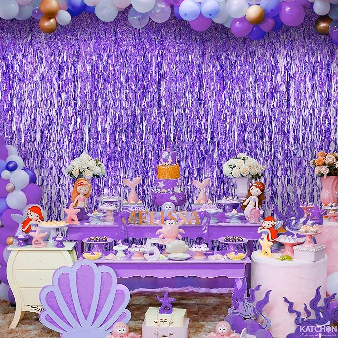 Katchon, Wavy Purple Foil Fringe Curtain - Pack of 2 | Wavy Streamers, Unicorn Party Decorations | Purple Fringe Backdrop for Baby Shower, Birthday, Mermaid Party Decorations | Halloween Decor Indoor