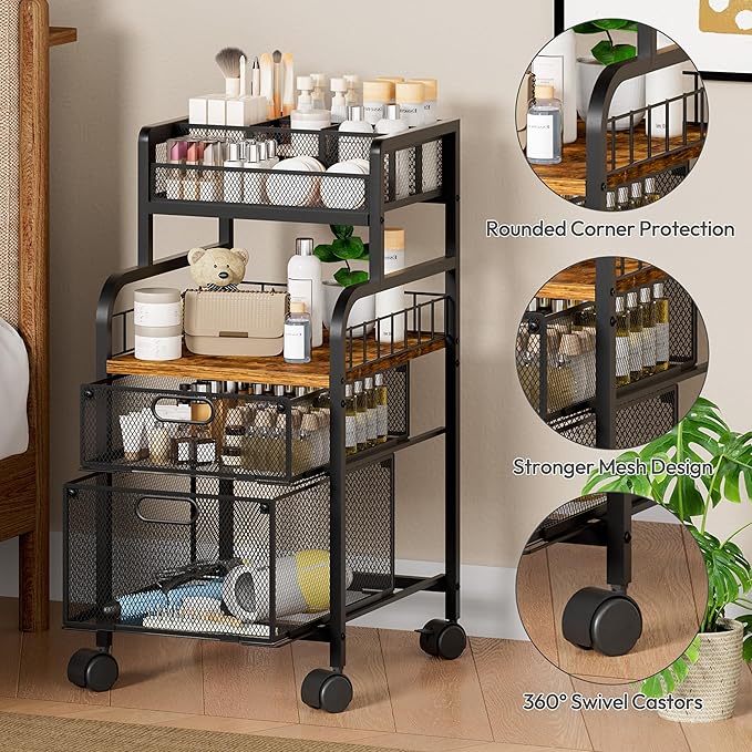 SWTYMIKI Rolling Cart with Drawers - Metal Utility Cart with Wood Shelf, DIY Divider and Locking Wheels, Craft & Art Cart Organizer for Under Desk Storage for Home Office Studio, Black