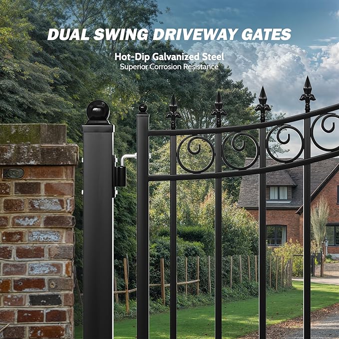ZUMI Outdoor Steel Swing Gates - 14x6 ft. Heavy-Duty Weatherproof Security Gates - Broadway Style Driveway Fence