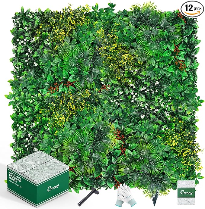 Grass Wall, Artificial Tropical Boxwood Panels 20"x20"(12pcs), Privacy Hedge Fence Screen with UV Protection, Greenery Backdrop for Indoor Home Wedding Decor and Outdoor Patio Backyard