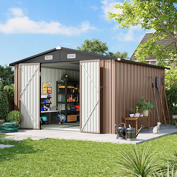 10x12 FT Outdoor Storage Shed with Floor Foundation & Lockable Double Doors, Heavy-Duty Galvanized Steel Outdoor Metal Shed for Bike, Tool Storage in Backyard, Patio (10’x12’, Floor Base)