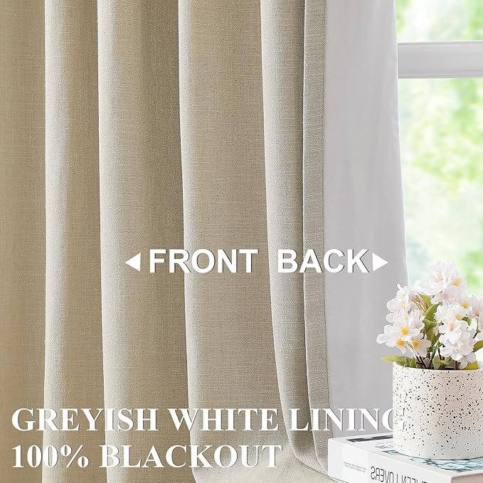 Vision Home Sand Pinch Pleated Full Blackout Curtains Linen Blended Room Darkening Window Curtains 108 inch for Living Room Bedroom Thermal Insulated Pinch Pleat Drapes with Hooks 60" Wx108 Lx1