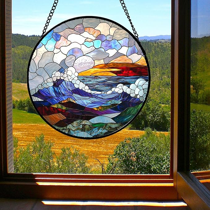 Stained Glass Window Hanging, Abstract Colorful Ocean Waves Landscape Suncatcher for Doors Window Home Sun Catchers Decor Mother's Day Birthday Gifts for Women, Men Mom 15 in