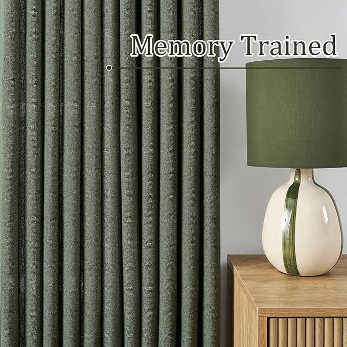 RAIN CITY 90 Inch Long Linen Curtains 2 Panels Set, Back Tab Pinch Pleated with Hooks, Light Filtering Modern Neutral Decor Window Curtain Drapes for Bedroom,- Loden/Olive Forest W42 x L90
