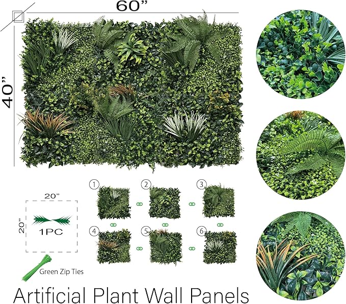 Artificial Topiary Hedge Greenery Plant Panels Indoor and Outdoor Patio Foliage Hedge Faux Grass Wall Panels 6PCS 20”x20”/P for Fence Decoration