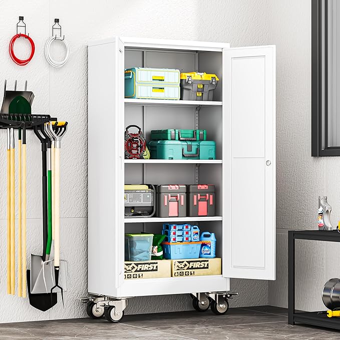 61" H Metal Garage Storage Cabinet, Rolling Tool Cabinet with 2 Doors and Wheels, Locker Steel Cabinet with 3 Adjustable Shelves, Organization Cabinet for Garage,Office,Home,Gym,School（White）