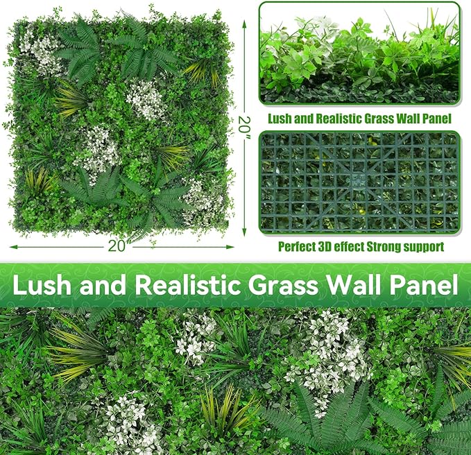 20"x20" Grass Wall Panels, 6PCS Artificial Greenery Backdrop Wall with UV Resistant Leaves, Faux Green Wall Decor for Outdoor Indoor Patio Garden Backyard
