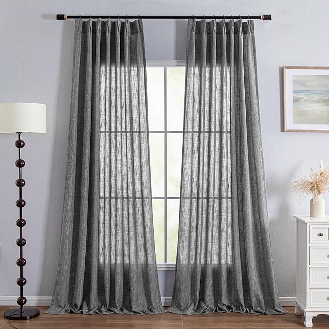 MYSKY HOME Grey Curtains for Living Room Semi Sheer Curtain Light Filtering Drapes 84 Inches Length Pinch Pleated Boho Style Home Decotation Linen Look Textured, 40 x 84 in, Dark Grey, Set of 2
