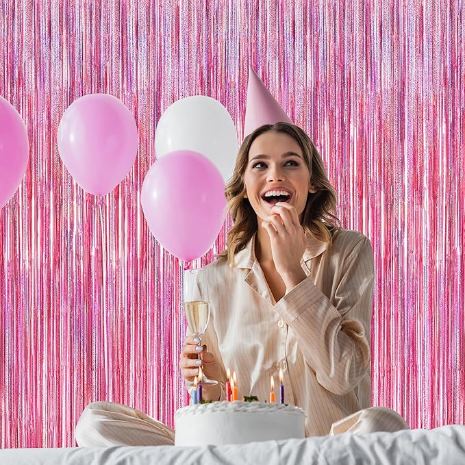 2 Pack Glitter Pink Backdrop, 3.28 FT x 7.05 FT Birthday Party Decorations, Laser Pink Fringe Curtains Foil Streamer Tinsel, Pink Curtains Photo Backdrop Happy Birthday Valentines Day Backdrop