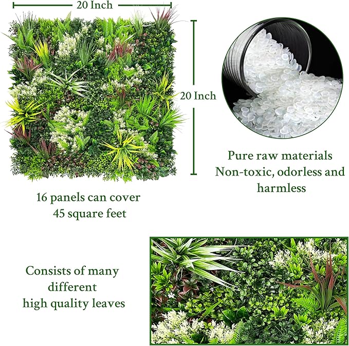 Artificial Plant Wall Panels: 20"×20" 16P UV-Anti Faux Grass Wall Backdrop Boxwood Ivy Fence Privacy Screen Fake Greenery Leaf Hedge for Outdoor,Indoor,Garden,Backyard and Home Decor