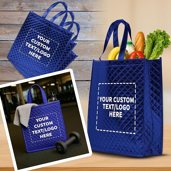 DISCOUNT PROMOS Custom Luxurious Laminated Tote Bags Set of 10, Personalized Bulk Pack - Reusable, Great for Shopping, Beach, Wedding Favors - Royal Blue
