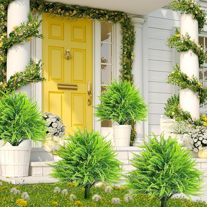 4 Artificial Boston Fern with Integrated Ground Stake 24'' Realistic UV Resistant Faux Plant with Spike for Indoor Outdoor Garden Yard Spring Summer Wedding Decoration
