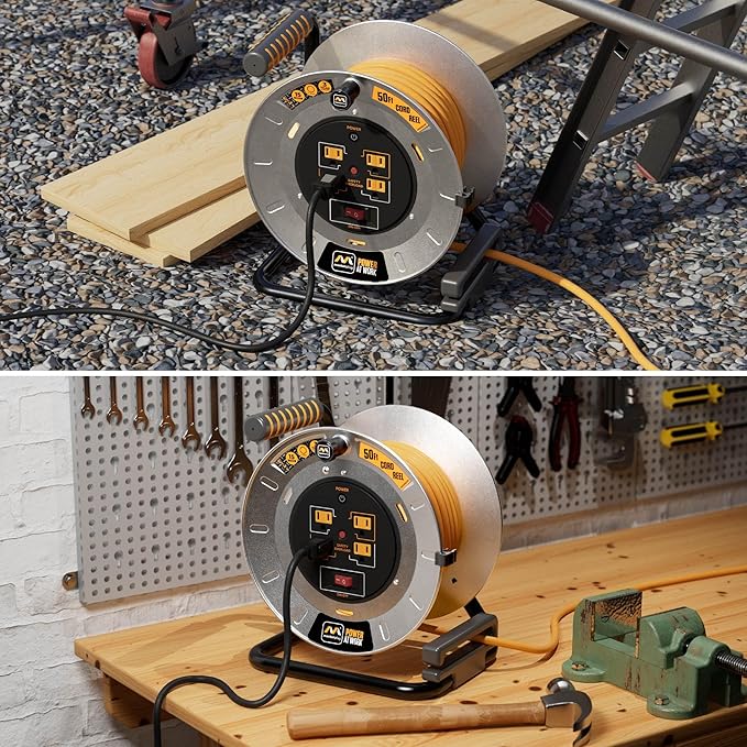 Masterplug 50ft Cord Reel, Metal Steel Cable Drum, Retractable Extension Lead with Winding Handle, Safety Overload Circuit Breaker and Power Switch, 4x Grounded Outlets, 15amps, 12AWG Cable