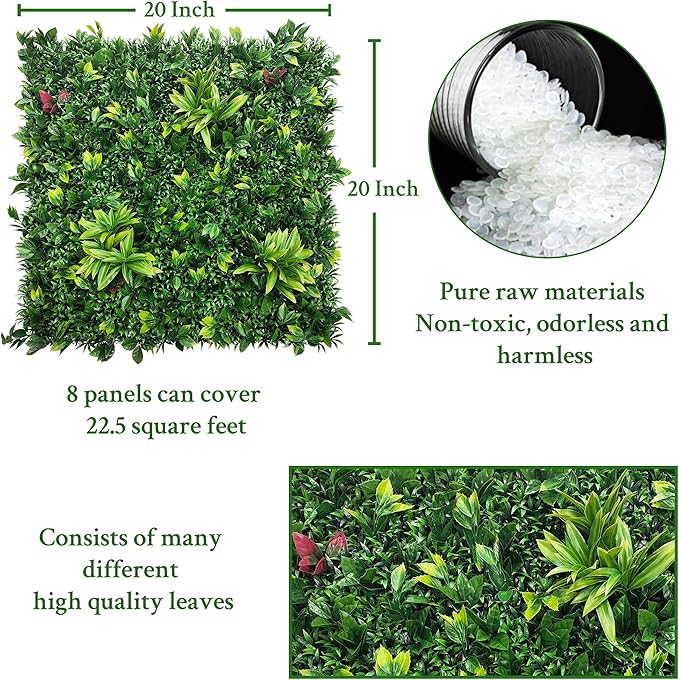 Artificial Boxwood Panels: 20"x20" 8P UV-Anti Fake Grass Ivy Privacy Hedge Greenery Backdrop Fence Wall Screen for Garden Fence Covering Privacy, Outdoor Indoor Home Decor