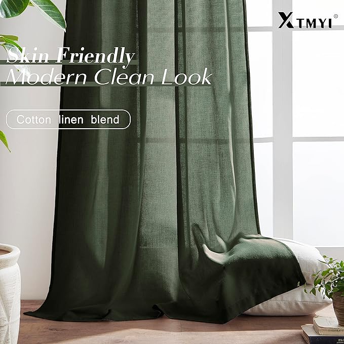 XTMYI Olive Green Curtains 63 Inch Length for Living Room 2 Panels Set Back Tab Hooks Pleated Linen Blend Light Filtering Semi Sheer Curtain Drapes for Dining Room Bedroom Kitchen Bathroom Boho Decor