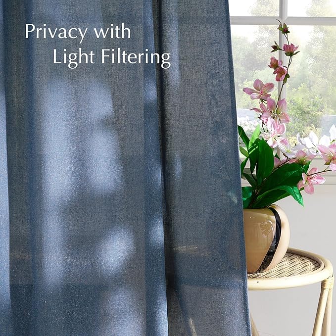 NICETOWN Thick Linen Semi Sheer Navy Blue Curtains 108 inches Long, Pleat Tape Semi Sheer Privacy Added with Light Filtering Window Treatments for Living Room/Bedroom, W52 x L108, 2 Panels