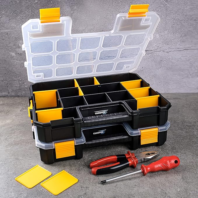 CANOPUS Craft Organizer, Set of 2 Interlocking Cases with Adjustable Compartments, Briefcase-Type Hardware & Parts Organizer, Toolbox Set for Bolts, Nails, Screws, and Other Small Parts