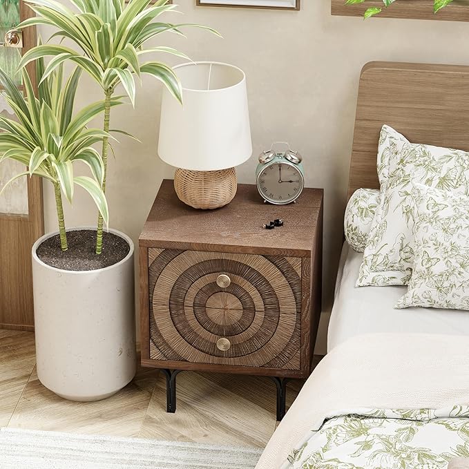 Farmhouse 2-Drawer Nightstand, Accent Wooden Nightstand with Circle Pattern and Radioactive Wood Lines, for Bedroom, Natural Wood Color