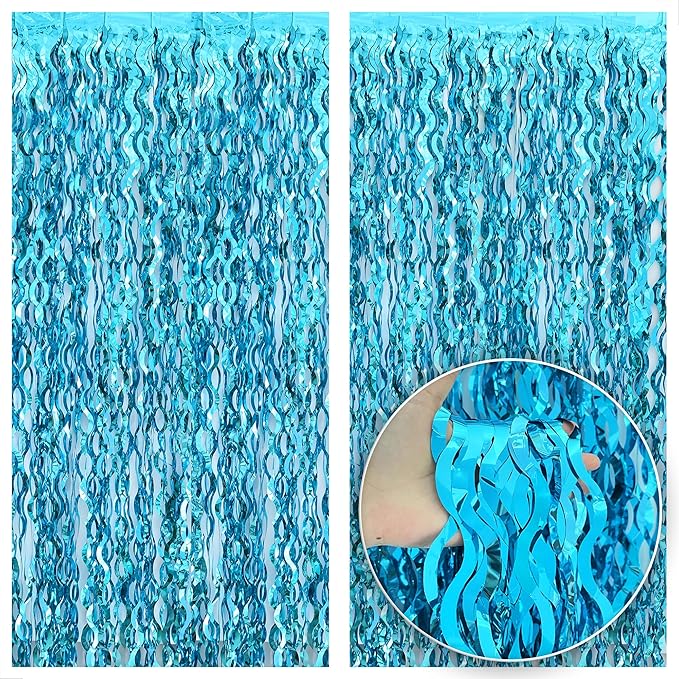 KatchOn, XtraLarge, Wavy Blue Foil Fringe Curtain - Pack of 2 | Foil Fringe Backdrop for Blue Christmas Decorations | Wavy Streamers for Winter Decorations, Birthday, Under The Sea Party Decoration