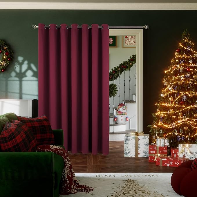 BGment Christmas Red Sliding Door Curtain 108 Inch Long - Wide Room Darkening Room Divider Curtain for Bedroom Privacy Themral Insulated Grommet Room Separator Curtain, 1 Panel, 100 X 108