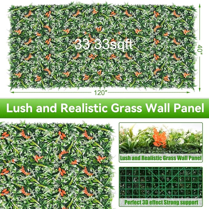 Greenery Wall Roll Panels, 40"x120"(33.33 SQFT) UV Protected Fake Grass Backdrop Privacy Fence Screen, Artificial Hedges for Outdoors Indoors Green Decor